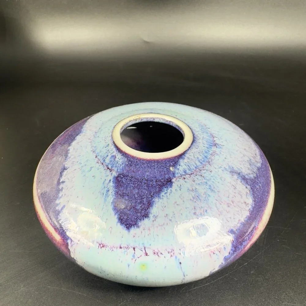 Vintage Hand Made Studio Art Pottery‎ Flat Vase Vessel Multicolor Glaze Vase VTG